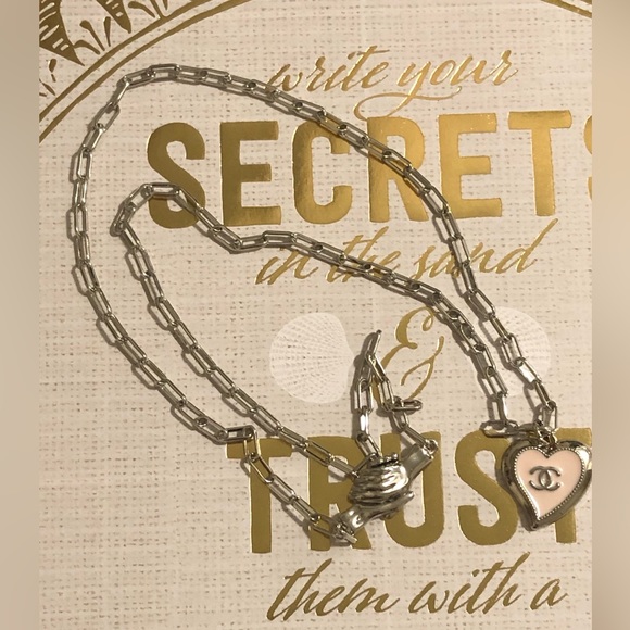 Chanel Auth. “Heart” Charm Silver w White, onto SS Link Necklace (New!) - Picture 4 of 7